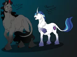 Size: 3186x2350 | Tagged: safe, artist:xxhuntersguardianxx, derpibooru import, king sombra, shining armor, classical unicorn, pony, unicorn, alternate universe, blank flank, chest fluff, cloven hooves, coat markings, curved horn, floppy ears, fluffy, gay, gradient background, horn, infidelity, leonine tail, male, male pregnancy, missing accessory, open mouth, pregarmor, pregnant, raised hoof, scar, shiningsombra, shipping, size difference, speech, stallion, talking, unshorn fetlocks