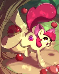 Size: 2400x3000 | Tagged: safe, artist:rockset, derpibooru import, apple bloom, earth pony, pony, adorabloom, apple, apple tree, applebucking, bucking, cute, cutie mark, female, filly, food, looking back, open mouth, smiling, solo, the cmc's cutie marks, tree, underhoof