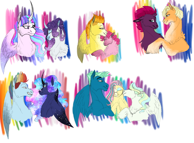 Size: 3186x2350 | Tagged: safe, artist:xxhuntersguardianxx, derpibooru import, applejack, fluttershy, pinkie pie, princess luna, rainbow dash, rarity, sky stinger, spitfire, tempest shadow, twilight sparkle, twilight sparkle (alicorn), vapor trail, alicorn, earth pony, pegasus, pony, unicorn, alternate hairstyle, alternate universe, bisexual, broken horn, bust, crack shipping, curved horn, ethereal mane, eyes closed, female, floppy ears, fluttersky, galaxy mane, grin, hatless, horn, kissing, lesbian, lidded eyes, looking at each other, lunadash, male, mare, missing accessory, nuzzling, polyamory, pride, rainbow power, rarilight, redesign, shipping, simple background, smiling, spitpie, stallion, starry mane, straight, tempestjack, transparent background, vaporshy, vaporsky, vaporskyshy