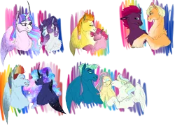 Size: 3186x2350 | Tagged: safe, artist:xxhuntersguardianxx, derpibooru import, applejack, fluttershy, pinkie pie, princess luna, rainbow dash, rarity, sky stinger, spitfire, tempest shadow, twilight sparkle, twilight sparkle (alicorn), vapor trail, alicorn, earth pony, pegasus, pony, unicorn, alternate hairstyle, alternate universe, bisexual, broken horn, bust, crack shipping, curved horn, ethereal mane, eyes closed, female, floppy ears, fluttersky, galaxy mane, grin, hatless, horn, kissing, lesbian, lidded eyes, looking at each other, lunadash, male, mare, missing accessory, nuzzling, polyamory, pride, rainbow power, rarilight, redesign, shipping, simple background, smiling, spitpie, stallion, starry mane, straight, tempestjack, transparent background, vaporshy, vaporsky, vaporskyshy