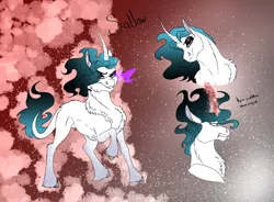 Size: 3186x2350 | Tagged: safe, artist:xxhuntersguardianxx, derpibooru import, oc, oc:sallow, unofficial characters only, classical unicorn, pony, unicorn, abstract background, alternate universe, angry, blank flank, chest fluff, cloven hooves, curved horn, eyeshadow, fangs, female, floppy ears, fluffy, glowing horn, grin, horn, leonine tail, magical gay spawn, makeup, mare, offspring, parent:king sombra, parent:shining armor, parents:shiningsombra, raised hoof, smiling, solo, sombra eyes, stars, story included, unshorn fetlocks