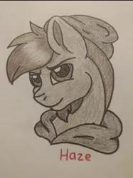 Size: 750x1002 | Tagged: safe, artist:hellasketchy42, derpibooru import, oc, oc:haze, pony, bust, male, monochrome, portrait, solo, stallion, traditional art