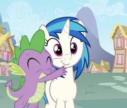 Size: 642x543 | Tagged: safe, derpibooru import, edit, edited screencap, editor:undeadponysoldier, screencap, spike, vinyl scratch, dragon, pony, unicorn, adorable face, crack shipping, cute, cute smile, daaaaaaaaaaaw, eyes closed, female, hnnng, house, hug, looking at you, male, mare, ponyville, shipping, smiling, spikelove, squishy cheeks, straight, vinylbetes, vinylspike