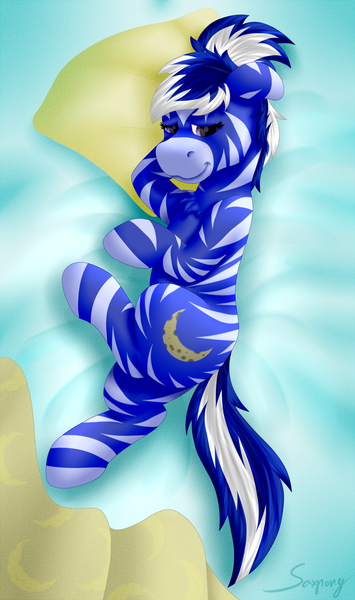 Size: 757x1280 | Tagged: artist:saxpony, bed, derpibooru import, female, laying on bed, mare, oc, on bed, pillow, safe, zebra, zebra oc