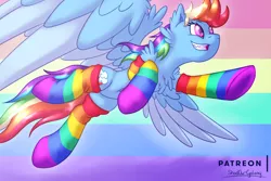 Size: 2250x1500 | Tagged: safe, artist:shad0w-galaxy, derpibooru import, rainbow dash, pegasus, pony, belly button, clothes, female, flying, gay pride flag, large wings, mare, patreon, pride, pride flag, pride month, rainbow socks, socks, solo, striped socks, underhoof, wings