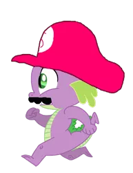 Size: 786x1016 | Tagged: artist needed, clothes, cosplay, costume, derpibooru import, dragon, edit, editor:undeadponysoldier, facial hair, male, mario hat, moustache, running, safe, scared, simple background, solo, spike, super mario bros., transparent background, vector, vector edit