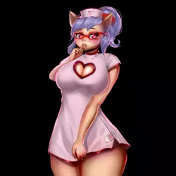 Size: 3700x3700 | Tagged: suggestive, artist:effervesket, derpibooru import, oc, oc:blueberry crisp, anthro, earth pony, anthro oc, big breasts, breasts, commission, female, glasses, hat, nurse hat, nurse outfit, solo, solo female, ych result