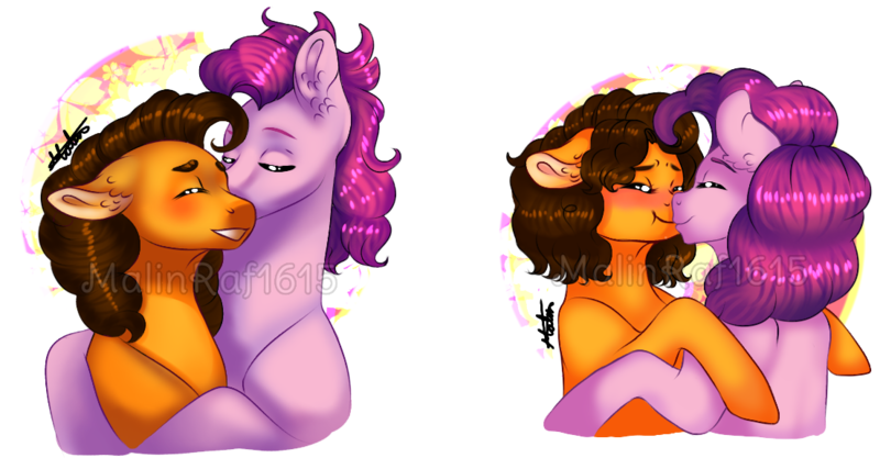 Size: 1104x575 | Tagged: safe, artist:malinraf1615, derpibooru import, cheese sandwich, pinkie pie, pony, boop, bubble berry, cheeseberry, cheesepie, eyes closed, female, floppy ears, gay, grilled cheese (r63), grilledpie, half r63 shipping, lesbian, male, noseboop, nuzzling, rule 63, shipping, simple background, straight, transparent background, watermark