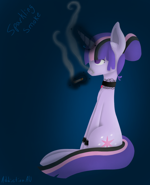 Size: 1315x1622 | Tagged: safe, artist:jewelbeatlefairie, derpibooru import, twilight sparkle, pony, alternate manestyle, alternate universe, cigarette, levitation, magic, sitting, smoking, solo, telekinesis