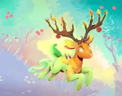 Size: 3000x2357 | Tagged: apple, artist:viwrastupr, branches for antlers, cloven hooves, cute, derpibooru import, dryad, eyes closed, food, going to seed, male, prancing, safe, scenery, solo, the great seedling