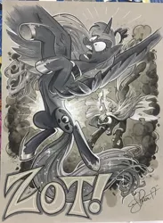 Size: 1501x2048 | Tagged: safe, artist:andypriceart, derpibooru import, princess luna, queen chrysalis, alicorn, changeling, changeling queen, pony, andy you magnificent bastard, blast, colored pencil drawing, crown, duo, fangs, female, fight, flying, glowing horn, grayscale, horn, jewelry, magic, magic blast, mare, marker drawing, monochrome, open mouth, regalia, spread wings, traditional art, wings, zot