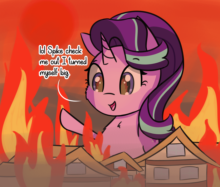 Size: 2189x1863 | Tagged: safe, artist:artiks, derpibooru import, starlight glimmer, pony, unicorn, burning, dialogue, female, fire, giant pony, giant starlight glimmer, giantess, implied spike, macro, mare, ponyville, solo, some mares just want to hear them everyone/everypony scream for no reason, some mares just want to watch the world burn, xk-class end-of-the-world scenario