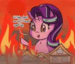 Size: 2189x1863 | Tagged: safe, artist:artiks, derpibooru import, starlight glimmer, pony, unicorn, burning, dialogue, female, fire, giant pony, giant starlight glimmer, giantess, implied spike, macro, mare, ponyville, solo, some mares just want to hear them everyone/everypony scream for no reason, some mares just want to watch the world burn, xk-class end-of-the-world scenario