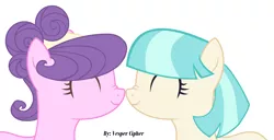 Size: 3185x1630 | Tagged: safe, artist:vesper-cipher-dark, derpibooru import, coco pommel, suri polomare, earth pony, pony, boop, cocobetes, cocopolo, cute, eyes closed, female, headband, lesbian, mare, noseboop, shipping, signature, simple background, smiling, suribetes, white background