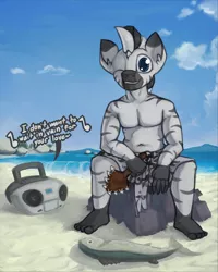 Size: 1340x1679 | Tagged: anthro, artist:marsminer, beach, boombox, clothes, derpibooru import, feet, fish, leiomano, loincloth, lyrics, male, male feet, music notes, oc, oc:kona, one eye closed, partial nudity, rock, safe, shark teeth, solo, text, topless, unofficial characters only, wave, wink, zebra