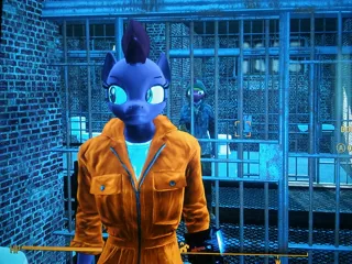 Size: 3264x2448 | Tagged: 3d, anthro, artist:makarosc, clothes, derpibooru import, fallout 4 equestria mod, picture with phone, prison, prisoner, prison outfit, safe, tempest shadow