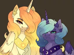 Size: 2695x2000 | Tagged: safe, artist:petergriffinschin, derpibooru import, princess celestia, princess luna, alicorn, pony, alternate design, blushing, chest fluff, collar, duo, female, freckles, jewelry, lidded eyes, mare, necklace, royal sisters, siblings, sisters