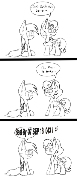 Size: 900x2103 | Tagged: safe, artist:machstyle, derpibooru import, carrot top, derpy hooves, golden harvest, earth pony, pegasus, pony, black and white, comic, derp, funny, grayscale, meme, monochrome, sitting, sketch