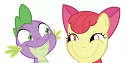 Size: 619x311 | Tagged: safe, artist:queencold, derpibooru import, edit, editor:undeadponysoldier, apple bloom, spike, dragon, earth pony, pony, adorable face, adoracreepy, big smile, bow, comparison, creepy, creepy smile, cute, faic, female, filly, happy, imminent sex, looking at each other, male, rapeface, shipping, silly face, simple background, smiling, smirk, spikebloom, straight, wat, white background