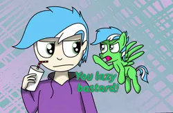 Size: 1280x836 | Tagged: safe, artist:nitro-banana, derpibooru import, oc, oc:nitro banana, unofficial characters only, human, pegasus, pony, annoyed, drink, drinking, drinking straw, humanized, self ponidox, vulgar