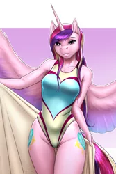 Size: 1900x2850 | Tagged: alicorn, anthro, artist:mykegreywolf, both cutie marks, breasts, busty princess cadance, chest fluff, cleavage fluff, clothes, derpibooru import, female, high-cut clothing, mare, milf, one-piece swimsuit, princess cadance, safe, shoulder fluff, solo, spread wings, stupid sexy cadance, swimsuit, towel, uncanny valley, wet, wet mane, wings