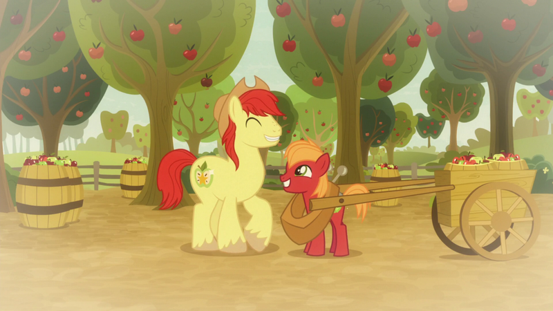 Size: 1920x1080 | Tagged: safe, derpibooru import, screencap, big macintosh, bright mac, earth pony, pony, going to seed, apple, apple orchard, apple tree, barrel, big macintosh's yoke, bittersweet, brightabetes, cart, colt, colt big macintosh, cute, duo, duo male, eyes closed, father and child, father and son, food, grin, like father like son, macabetes, male, orchard, raised hoof, smiling, stallion, tree, yoke, younger
