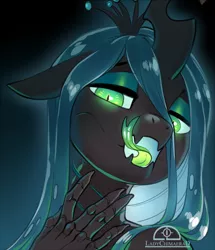 Size: 968x1125 | Tagged: safe, artist:ladychimaera, derpibooru import, queen chrysalis, anthro, changeling, changeling queen, eyeshadow, female, forked tongue, licking, licking lips, lidded eyes, looking at you, makeup, open mouth, slit eyes, slit pupils, solo, tongue out