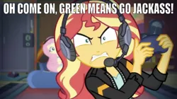 Size: 640x359 | Tagged: safe, derpibooru import, edit, edited screencap, editor:undeadponysoldier, screencap, fluttershy, sunset shimmer, equestria girls, equestria girls series, game stream, spoiler:eqg series (season 2), amplifier, angry, bed, bedroom eyes, caption, clothes, controller, female, funny, funny as hell, furious, gamer sunset, gaming, headphones, headset, human (eqg), image macro, intense, jackass, jacket, microphone, nin10doh, playing video games, rage, reference, sunset gamer, teeth grinding, text, vulgar