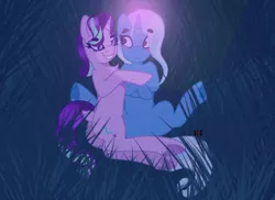 Size: 1048x762 | Tagged: safe, artist:crippling depression, derpibooru import, starlight glimmer, trixie, pony, unicorn, bedroom eyes, blushing, cuddling, cute, female, grass, le lenny face, lesbian, o.o, outdoors, shipping, signature, startrix