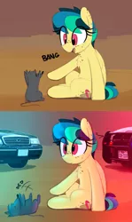 Size: 1084x1818 | Tagged: safe, artist:shinodage, derpibooru import, oc, oc:apogee, oc:houston, mouse, pegasus, pony, rat, 2 panel comic, bang, car, chest fluff, comic, crown victoria, dialogue, disproportionate retribution, dodge (car), dodge charger, eye clipping through hair, female, filly, finger gun, ford, freckles, on back, onomatopoeia, open mouth, playing dead, police, police car, sitting, texas, this will end in jail time