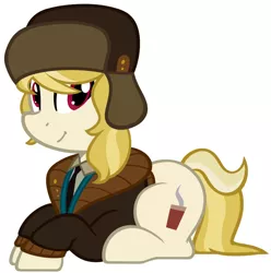 Size: 1280x1290 | Tagged: safe, artist:furrgroup, derpibooru import, march gustysnows, earth pony, pony, cute, female, hat, mare, necktie, prone, simple background, solo, ushanka, white background