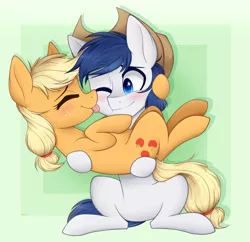 Size: 1240x1200 | Tagged: safe, artist:higgly-chan, derpibooru import, applejack, oc, oc:constance everheart, pony, canon x oc, carrying, everjack, female, licking, male, not shining armor, shipping, smiling, straight, tongue out