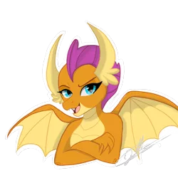 Size: 2048x2048 | Tagged: artist:sweetkllrvane, crossed arms, derpibooru import, dragon, dragoness, female, safe, signature, simple background, smiling, smirk, smolder, smugder, solo, spread wings, transparent background, wings