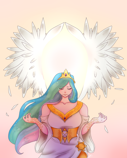 Size: 3507x4380 | Tagged: artist:slyrintana, backlighting, clothes, derpibooru import, dress, eyebrows visible through hair, eyes closed, feather, henna, human, humanized, jewelry, princess celestia, queen, queen celestia, regalia, safe, signature, smiling, solo, spread wings, sun, sun god, windswept hair, winged humanization, wings