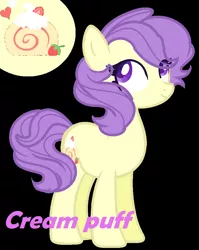 Size: 772x972 | Tagged: safe, artist:comet-swirls, derpibooru import, cream puff, earth pony, pony, black background, reference sheet, simple background