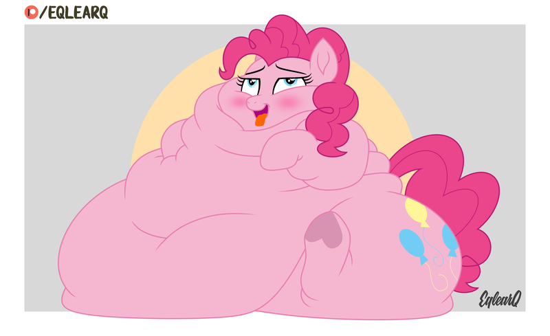 Size: 9000x5500 | Tagged: questionable, artist:eqlearq, derpibooru import, pinkie pie, earth pony, pony, abstract background, absurd resolution, belly, big belly, bingo wings, blushing, chubby cheeks, fat, fat fetish, female, fetish, heart, heart hoof, huge belly, impossibly large belly, morbidly obese, neck roll, obese, open mouth, patreon, patreon logo, piggy pie, pudgy pie, rolls of fat, signature, sitting, solo, squishy, tongue out, underhoof