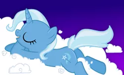 Size: 1515x913 | Tagged: safe, artist:grapefruitface1, derpibooru import, trixie, pony, unicorn, cloud, cute, diatrixes, eyes closed, gradient background, on a cloud, open mouth, profile, prone, solo