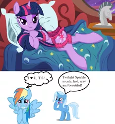 Size: 898x966 | Tagged: suggestive, artist:illuminatiums, derpibooru import, edit, rainbow dash, trixie, twilight sparkle, pony, bed, blushing, female, golden oaks library, lesbian, saddle, sexy, shipping, show accurate, show accurate porn, statue, tack, twidash, twixie