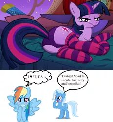 Size: 896x964 | Tagged: suggestive, artist:illuminatiums, derpibooru import, edit, rainbow dash, trixie, twilight sparkle, pony, bed, clothes, female, golden oaks library, lesbian, panties, shipping, show accurate, show accurate porn, socks, striped socks, telescope, twidash, twixie, underwear