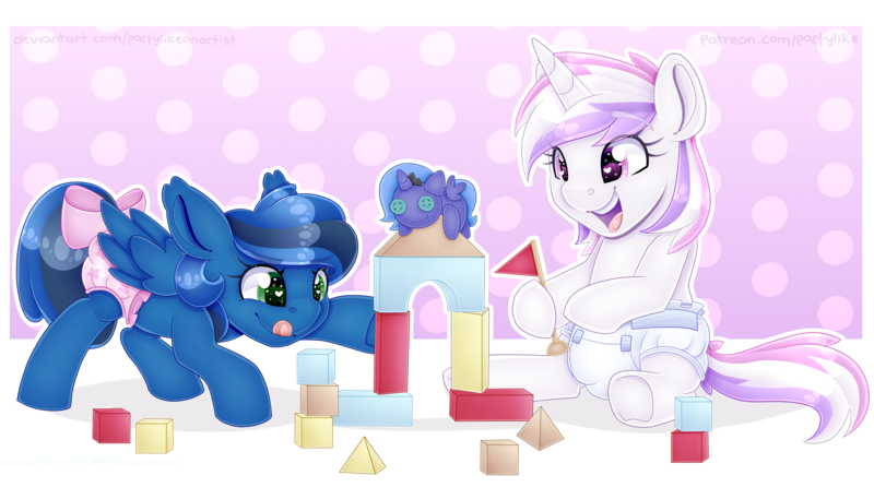 Size: 7000x4000 | Tagged: safe, artist:partylikeanartist, derpibooru import, princess luna, oc, oc:glam rock, oc:midnight shadows, alicorn, pegasus, pony, unicorn, absurd resolution, bow, building blocks, commission, concentrating, crinkle, cute, diaper, diaper fetish, fetish, happy, heart eyes, open mouth, plushie, ribbon, smiling, tongue out, underhoof, wingding eyes