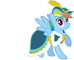 Size: 2024x1630 | Tagged: safe, artist:mattbas, derpibooru import, rainbow dash, pegasus, pony, beautiful, clothes, coronation dress, cute, dashabetes, dress, female, hat, looking at you, mare, rainbow dash always dresses in style, raised hoof, simple background, smiling, solo, transparent background, vector, wings