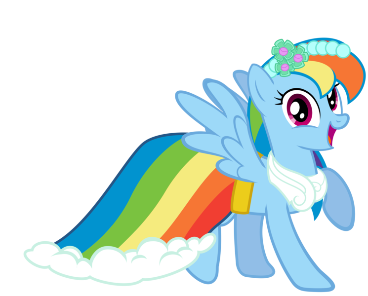 Size: 2024x1630 | Tagged: safe, artist:mattbas, derpibooru import, rainbow dash, pegasus, pony, beautiful, clothes, cute, dashabetes, dress, female, looking at you, mare, open mouth, rainbow dash always dresses in style, raised hoof, simple background, smiling, solo, transparent background, vector, wreath