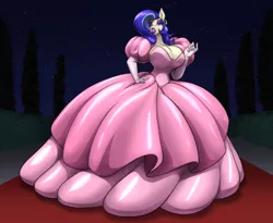 Size: 3300x2700 | Tagged: anthro, artist:toughset, big breasts, big lips, bimbo, breasts, clothes, derpibooru import, dress, ear piercing, earring, eyeshadow, female, gala dress, gown, huge breasts, impossibly large dress, jewelry, latex dress, lips, lipstick, makeup, oc, oc:moniker, piercing, purple eyeshadow, purple lipstick, safe, slime, solo, transformation, unofficial characters only