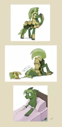 Size: 600x1218 | Tagged: safe, artist:bypenandhoof, derpibooru import, oc, oc:belltoll, unofficial characters only, earth pony, pony, armor, bandage, bed, dizzy, faceplant, injured, lying down, royal guard, salute, solo