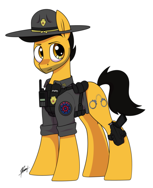 Size: 2560x3160 | Tagged: safe, artist:thepascaal, derpibooru import, oc, oc:darren cuffs, pony, badge, bulletproof vest, campaign hat, clothes, gun, patch, police officer, ponyville police, radio, stubble, uniform, weapon