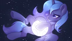 Size: 1920x1080 | Tagged: safe, artist:hawthornss, derpibooru import, princess luna, alicorn, pony, colored pupils, crying, female, frown, mare, moon, redraw, s1 luna, sad, solo, space, stars, tangible heavenly object, underhoof, wallpaper