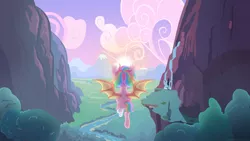 Size: 1280x721 | Tagged: safe, artist:hawthornss, derpibooru import, oc, oc:paper stars, bat pony, pony, amputee, bandage, cliff, cloud, cute, ear fluff, flying, forest, mountain, scenery, solo, sun, sunrise, underhoof, valley, waterfall