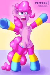 Size: 1500x2250 | Tagged: safe, artist:shad0w-galaxy, derpibooru import, pinkie pie, earth pony, pony, belly button, bipedal, chest fluff, clothes, female, mare, pansexual, pansexual pride flag, patreon, patreon logo, pride, pride flag, pride month, socks, solo, striped socks