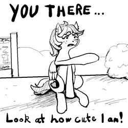 Size: 800x800 | Tagged: safe, artist:silence, derpibooru import, oc, oc:kitty sweet, pony, cute, horses doing horse things, meme, monochrome, pointing, ponified animal photo, sitting, solo