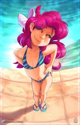 Size: 1365x2129 | Tagged: safe, artist:sugarlesspaints, banned from derpibooru, derpibooru import, pinkie pie, human, belly button, bikini, breasts, clothes, cute, delicious flat chest, diapinkes, explicit source, eye clipping through hair, eyebrows visible through hair, eyes closed, female, footprint, hand on hip, happy, humanized, image, lolicon, midriff, nail polish, pixiv, png, sandals, smiling, solo, swimming pool, swimsuit, toes, underage, young, younger